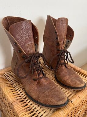 Satori Distressed Leather Lace Up, Fold Over Ankle Boots | Brown